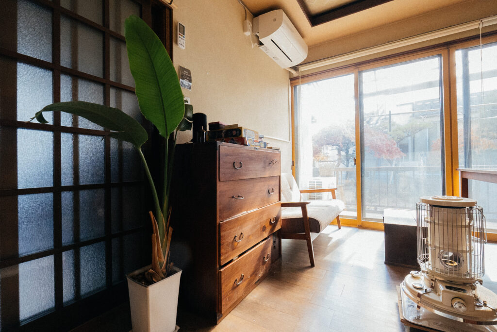 Living room with oil stove